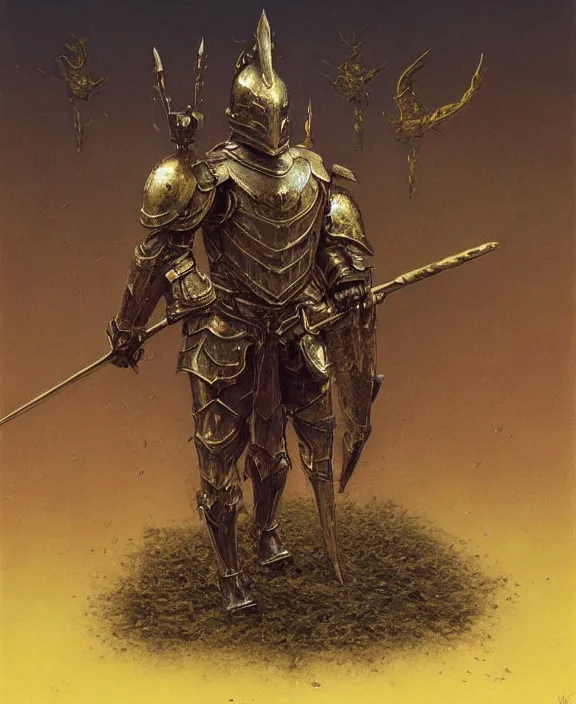 Prompt: royal knight in golden sun ornament armor, dismounted, beksinski, trending on artstation