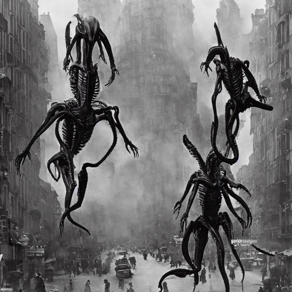 Prompt: old black and white photo, 1 9 1 3, depicting a xenomorph from the movie aliens rampaging through the bustling streets of paris, historical record