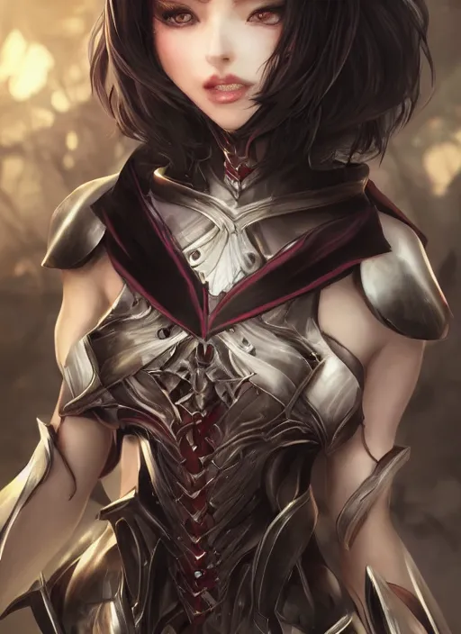 Image similar to full plate armor!!! beautiful and elegant dark hair female vampire!! gorgeous ayes!! character concept art, sharp focus, octane render! unreal engine 5! highly rendered!! trending on artstation!! detailed linework!! illustration by artgerm, wlop, and chie yoshii