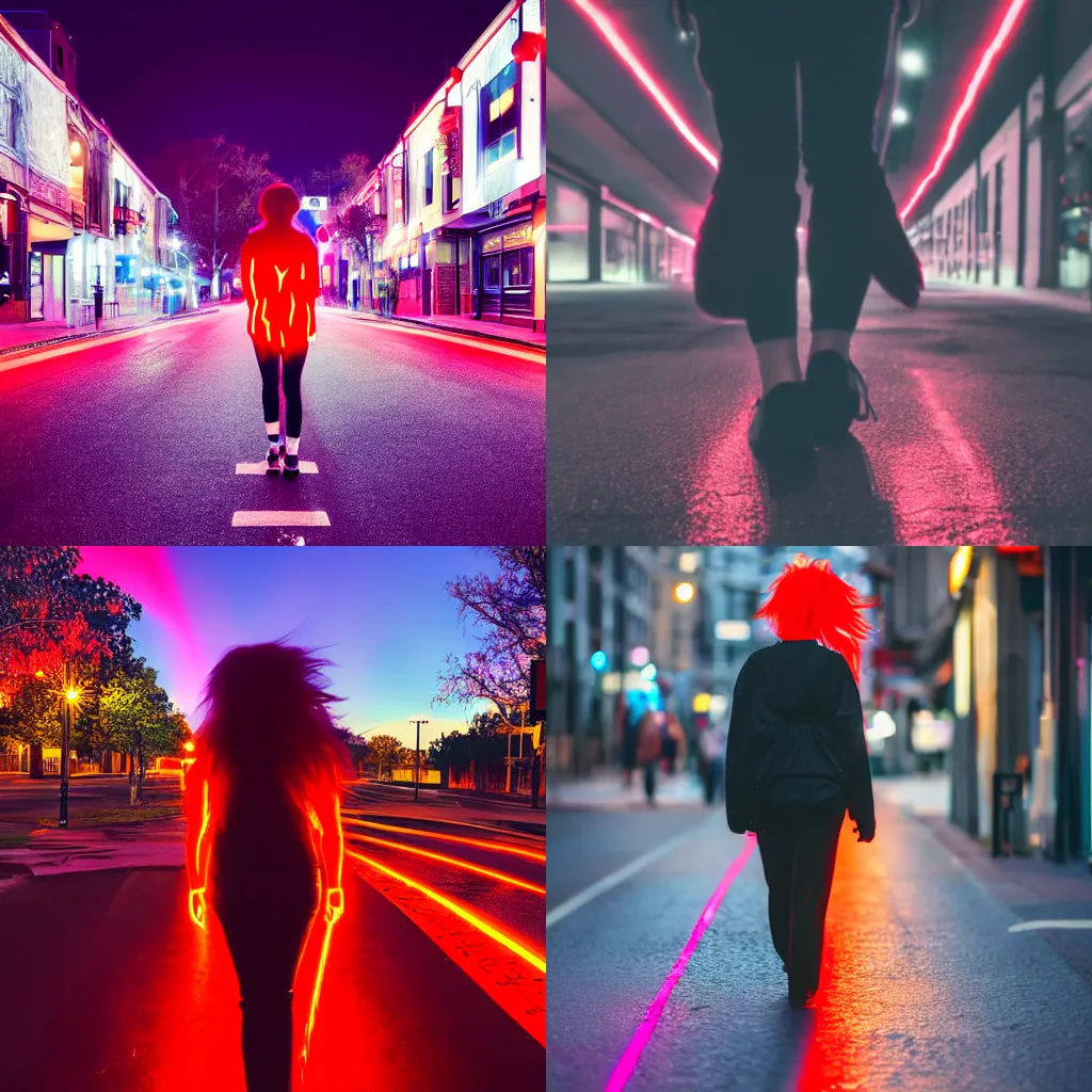 Prompt: Photo Of A Person Walking On The Street With Red Glowing Anime Hair, 4K