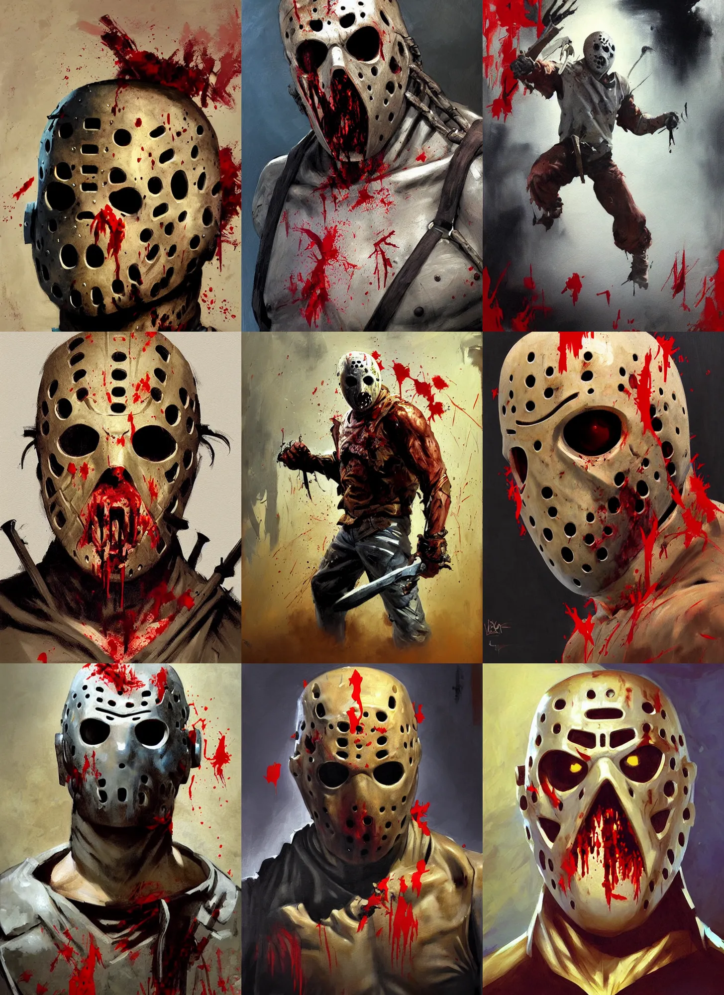Prompt: greg manchess mid shot portrait painting of zombie muscular jason voorhees from evil dead mortal kombat as overwatch character, medium shot, asymmetrical, profile picture, organic painting, sunny day, matte painting, bold shapes, blood splatter, machete, hard edges, street art, trending on artstation, by huang guangjian and gil elvgren and sachin teng