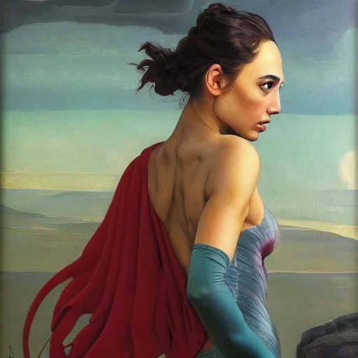 Image similar to Oil painting the beautiful woman Gal Gadot, she has withe old cloths, she is wearing surreal ornates, naturalism, dramatic lighting, high-detailed oil painting by Ilya Repin, Michelangelo da Caravaggio, William Blake, Alex Grey and Beksinski, trending on Artsatio, masterpiece, 4k, 8k,