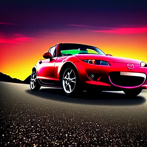 Image similar to a car Mazda Miata in middle of road, gunma prefecture, city sunset night, cinematic color, photorealistic, highly detailed