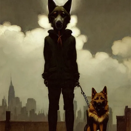 Image similar to new york city portrait of furry anthro anthropomorphic german shepard head animal person fursona wearing clothes cybernetic muzzle sad gloomy in the alley, sunny day, digital art by Nerdrum John, William Waterhouse, Winslow Homer, Alex Heywood, Jordan Grimmer, Darren Quach, Greg Rutkowski, Simon Stalenhag, trending on Artstation, CGSociety