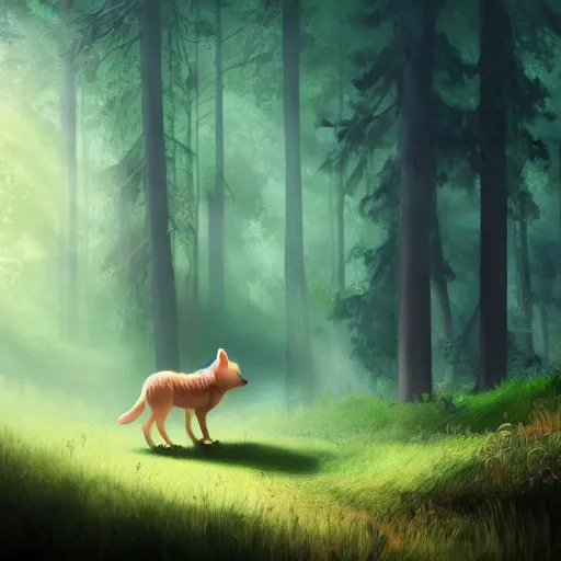 Image similar to young seven year old girl, blond hair green eyes, riding a gray wolf, in a dark forest, mysterious, backlit, beautiful still from a pixar disney movie, trending on artstation