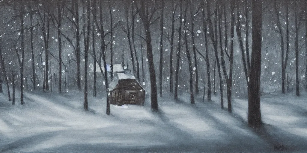 Image similar to snowy forest night scene in a single wooden cabin surrounded by the woods with one illuminated window, horror dark contrast, oil painting