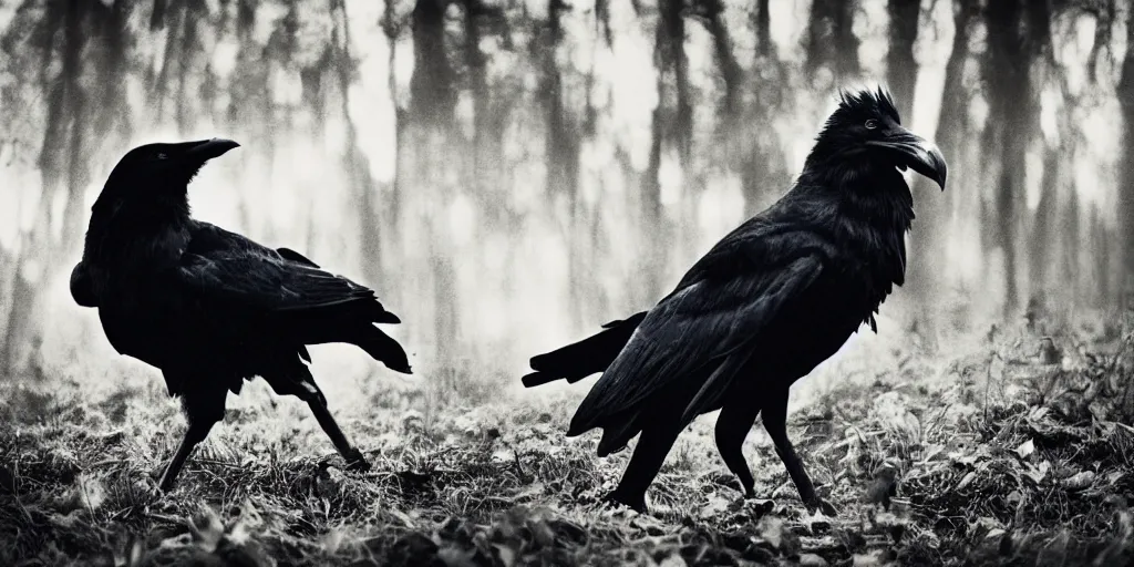 Image similar to mixture between an!! crow and! wolf, photograph captured in a dark forest