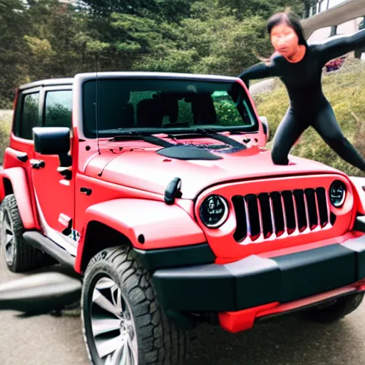 Prompt: an angry asian girl surfing on a black jeep wrangler