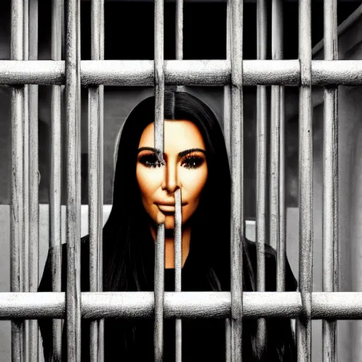 Image similar to real photo of a kim kardashian lookalike, behind bars. standing in jail cell