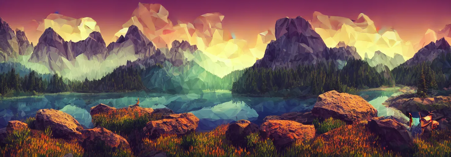 Image similar to super detailed color lowpoly art, northern sunset with rocks on front, blured monochromic lake in the middle of perspective and foggy mountains at background, graphic reindeers in random points, unreal engine, gothic rich deep colors, molotow premium pastel color palette, imperial boy, 3d render, lowpoly, colorful, digital art