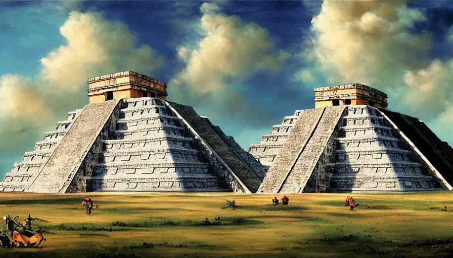 Image similar to excellent painted mayan city Chichen Itza 900 AD in a wide epic beautiful landscape somewhere in mexico with fluffy clouds, painted by Hans Fredrik Gude, Greg Rutkowksi, Craig Mullins and Artgerm, masterpiece, 4k, ultra realistic highly detailed oil painting