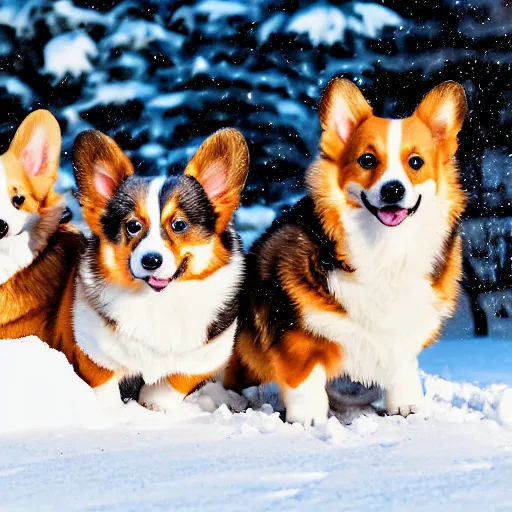 Image similar to 8k highly detailed photograph of the five most adorable Corgi Puppies playing in snow in my backyard, natural lighting,