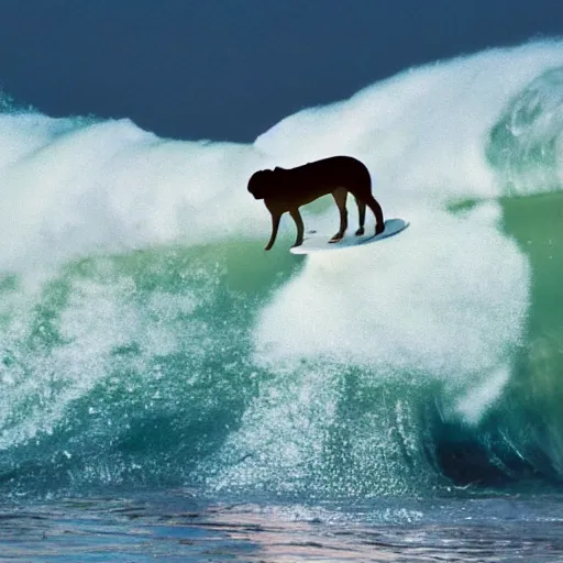 Image similar to pug riding a huge wave on a surf board, mid - summer