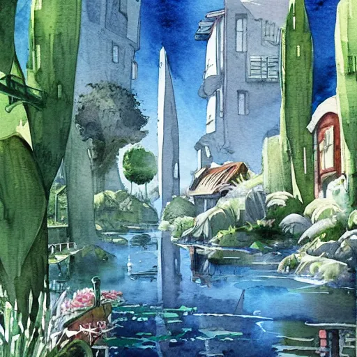 Image similar to Beautiful happy picturesque charming sci-fi town in harmony with nature. Beautiful light. Water and plants. Nice colour scheme, soft warm colour. Beautiful detailed watercolor by Lurid. (2022)