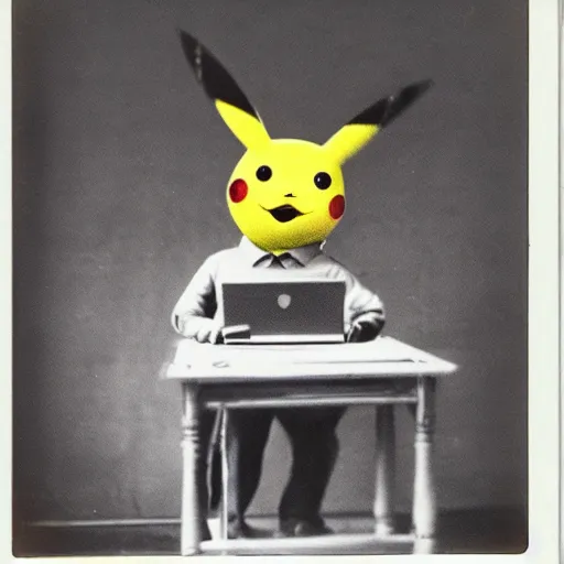 Prompt: old polaroid depicting pikachu from the 1 9 th century working at a modern day laptop