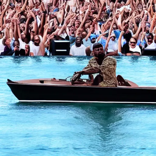 Image similar to kanye west performing a live concert on a small boat in the middle of the ocean