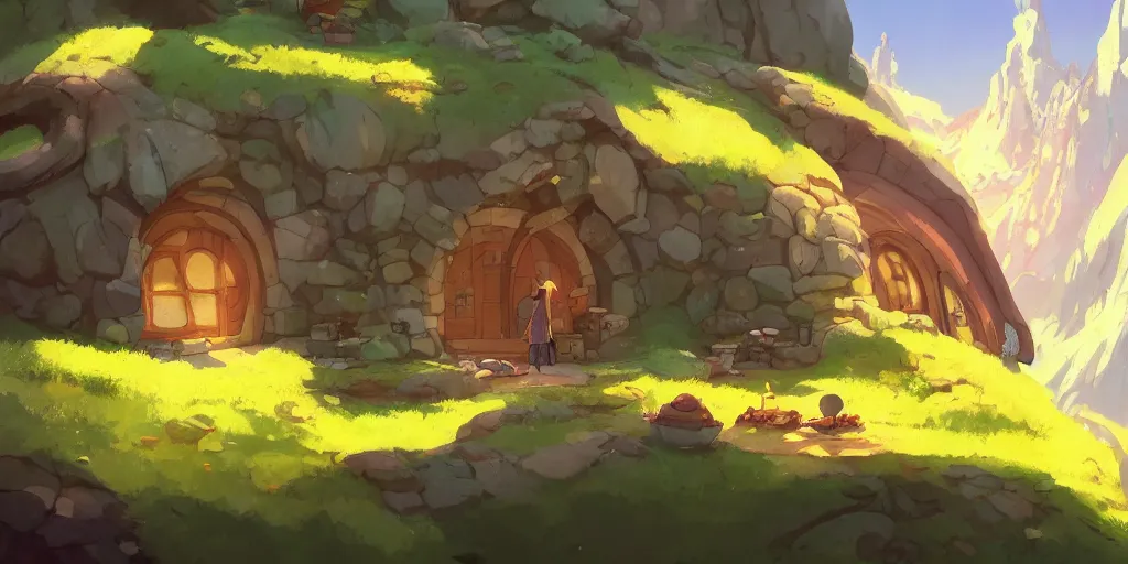 Prompt: magic hobbit mushrooms house in mountains, by cory loftis & akihiko yoshida & james gilleard & atey ghailan & makoto shinkai & goro fujita & studio ghibli, rim light, exquisite lighting, clear focus, magic atmosphere, very coherent, plain background, soft painting