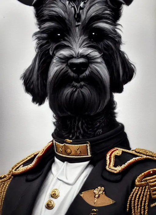 Image similar to portrait of stoic looking miniature schnauzer, military uniform, black fir, white eyebrows, fantasy, intricate, elegant, highly detailed, centered, dark, smokey, digital painting, artstation, concept art, smooth, sharp focus, illustration, art by artgerm and greg rutkowski and alphonse mucha