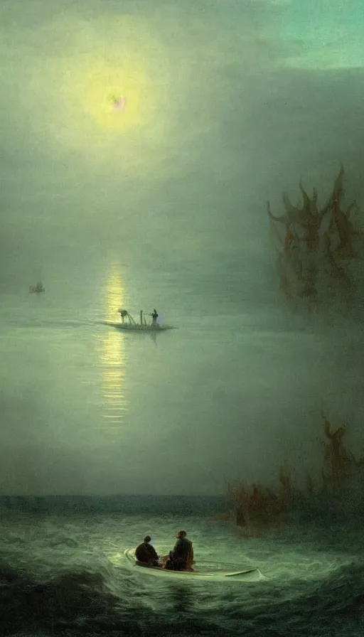 Prompt: man on boat crossing a body of water in hell with creatures in the water, sea of souls, by albert bierstadt,