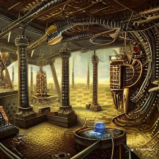 Image similar to surrealist landscape, inside steampunk ant citya, painting, highly detailed