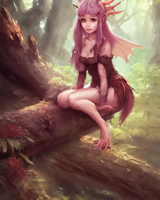 Image similar to concept art of a dragon girl, wearing tight medival clothes, sitting on a log in a mystical forest | | cute - fine - fine details by stanley artgerm lau, wlop, rossdraws, james jean, andrei riabovitchev, marc simonetti, and sakimichan, trending on artstation