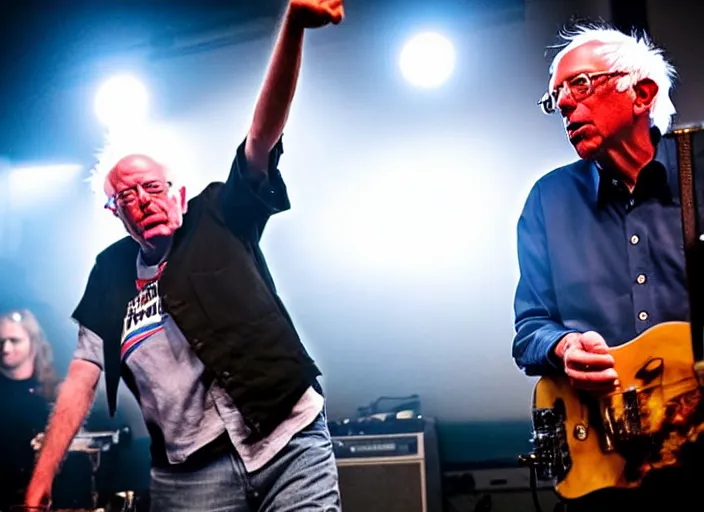 Image similar to publicity photo still of bernie sanders in a punk band playing live on stage, 8 k, live concert lighting, mid shot