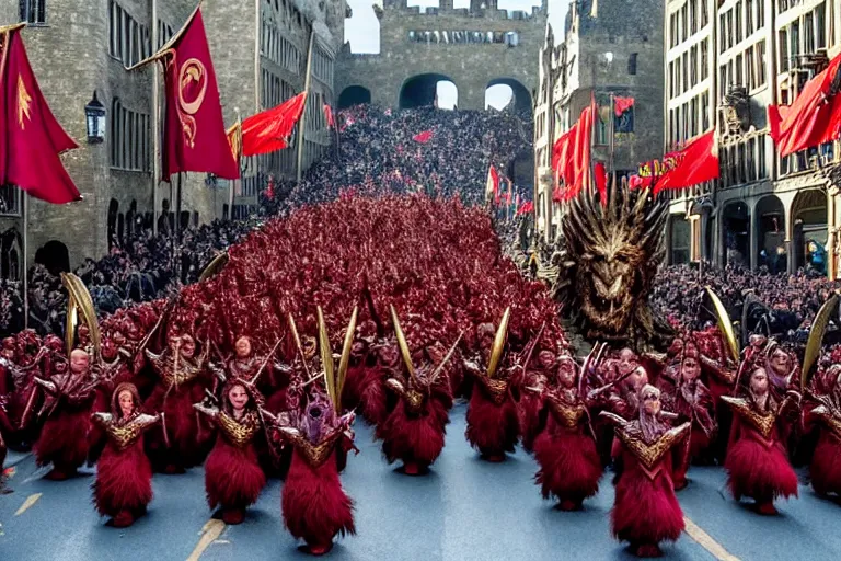 Prompt: photo of game of thrones elaborate parade with float characters designed by ( ( ( ( ( ( ( ( people remaking season 8 ) ) ) ) ) ) ) ) and people who know what they are doing!!!!!!!!!!!!!!, in the macys parade, detailed 4 k photo,