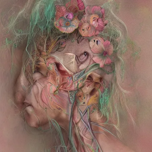 Image similar to beatifull frontal face portrait of a woman, 150 mm, anatomical, flesh, flowers, mandelbrot fractal, facial muscles, veins, arteries, symmetric, intricate