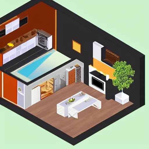 Prompt: an isometric interior design of a modern house