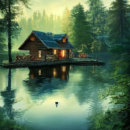 Prompt: log cabin in the woods by the lake, diffused lighting, highly detailed cinematic, epic composition, highly detailed, atmospheric, wide angle, artstation trending, warm green colors, computer art, concept art