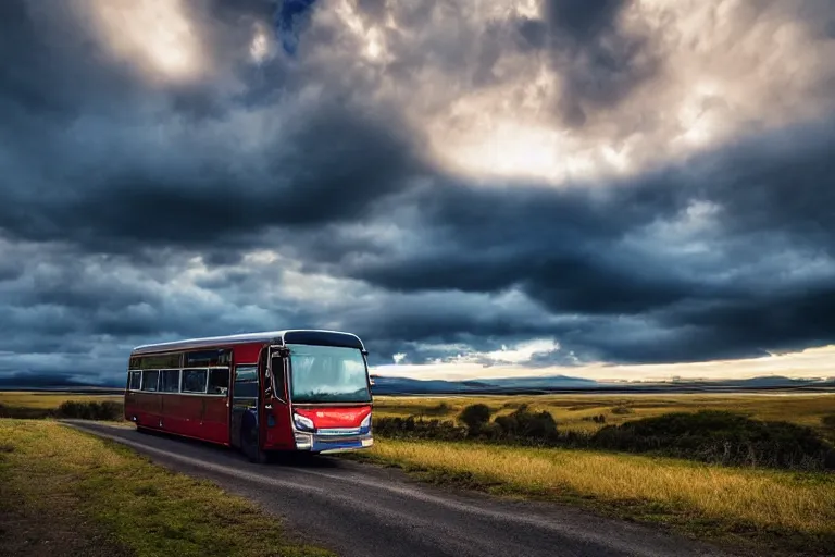 Image similar to A stunning landscape image of Hegra, bus ,dramatic lighting, emerald sky,