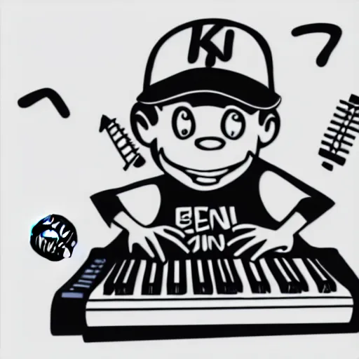 Image similar to cartoon line drawing illustration, in fine detail, of a kid wearing a baseball cap, playing a Korg MS-20 synthesizer, in the style of The Beano, sharpie, black and white, long shot, white background, graffiti marker, graffiti character, 90s cartoon,