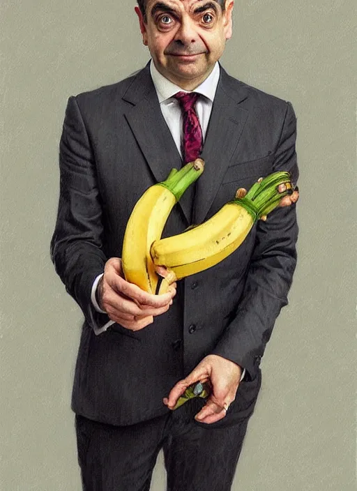 Prompt: Rowan Atkinson as cross eyed Mister Bean holding a banana, intricate, elegant, highly detailed, centered, digital painting, artstation, concept art, smooth, sharp focus, illustration, art by artgerm and donato giancola and alphonse mucha