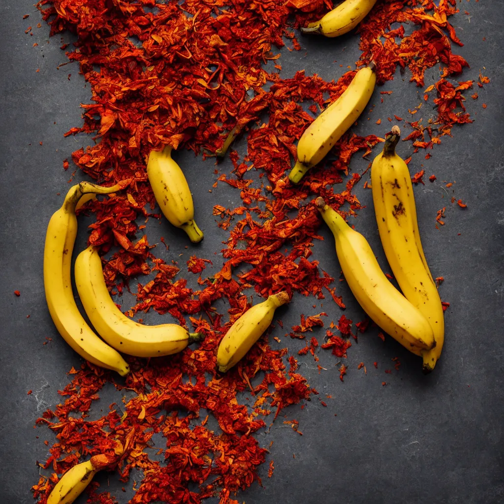 Prompt: fat banana in the shape of dried red pepper and potato flowers, closeup, hyper real, food photography, high quality