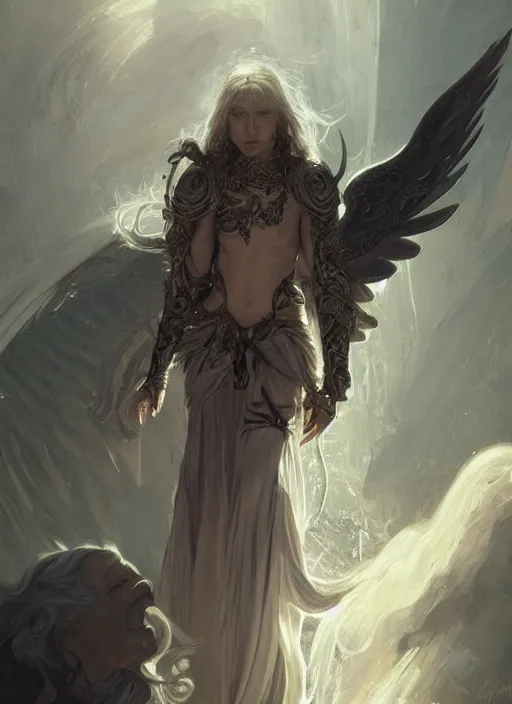 Image similar to Aasimar Paladin with shaggy silver hair, brown scruffy beard, angel wings, epic, striking, fantasy, intricate, elegant, highly detailed, digital painting, artstation, concept art, smooth, sharp focus, illustration, art by Krenz Cushart and Artem Demura and alphonse mucha