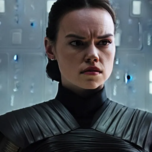 Prompt: movie still of daisy ridley as sith empress wearing a black satin robe and metal belt with dark eyeliner make - up as if she was crying, sweaty, detailed eyes, neutral expression, shallow depth of field, photorealistic, cinematic lighting, lovely bokeh, dark moody light, strong rim light, movie quality, star wars