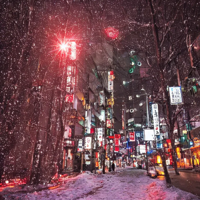 Image similar to photo of tokyo with many lights and lens flares, snowy winter christmas night