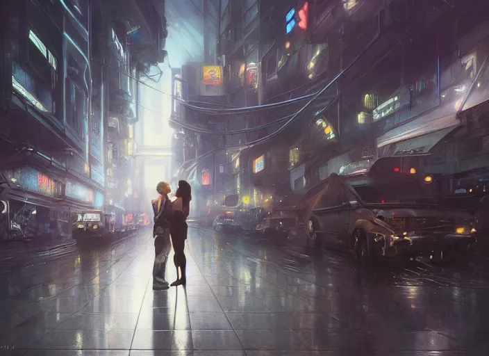 Image similar to ultra realistic medium shot of a couple of cyborgs kissing, lovers, cyberpunk, sci - fi, kodak, colour led, soft light, volumetric lighting, fog, rays, night, rain, metro station, intricate detailed, digital painting, concept art, smooth, sharp focus, illustration, art by artgerm and greg rutkowski and alphonse mucha