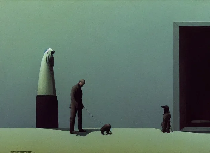 Prompt: portrait painting of a man and his dog, science fiction, Edward Hopper and James Gilleard, Zdzislaw Beksinski highly detailed