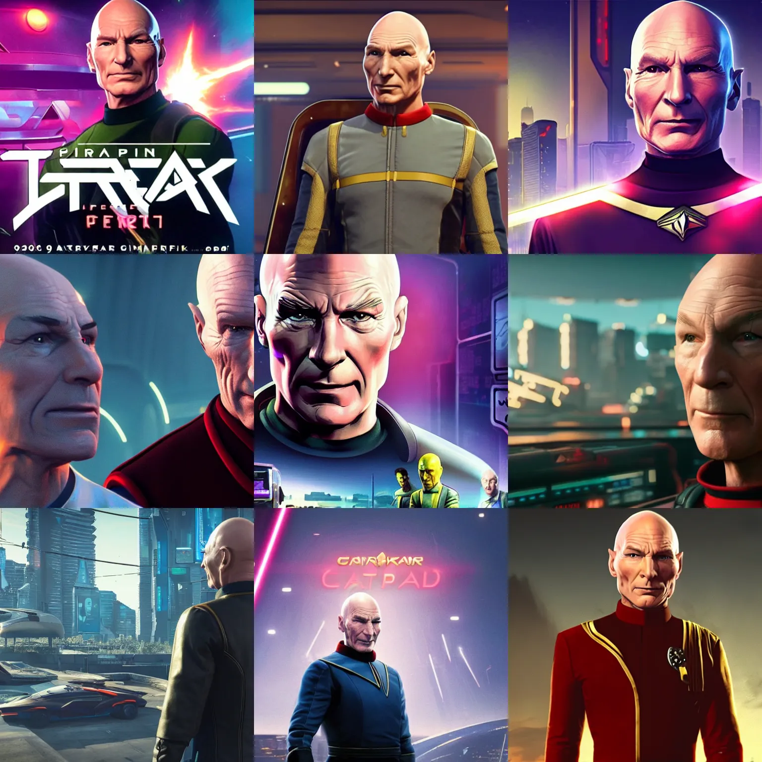 Prompt: captain picard tng, in cyberpunk 2 0 7 7 cp 2 0 7 7