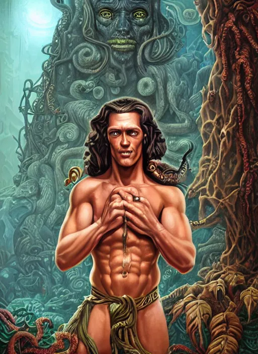 Image similar to lovecraft lovecraftian portrait of tarzan, pixar style, by tristan eaton stanley artgerm and tom bagshaw, dali