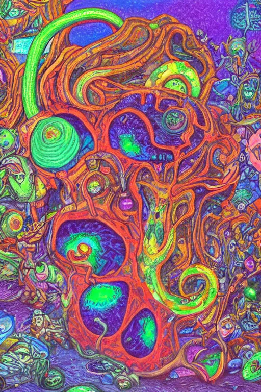 Image similar to rock and rol, painted by ilene meyer and james allen, trending on artstation, psychedelic lighting microscopic view final, epic fantasy, stuckism, colored pencil art, grunderzeit