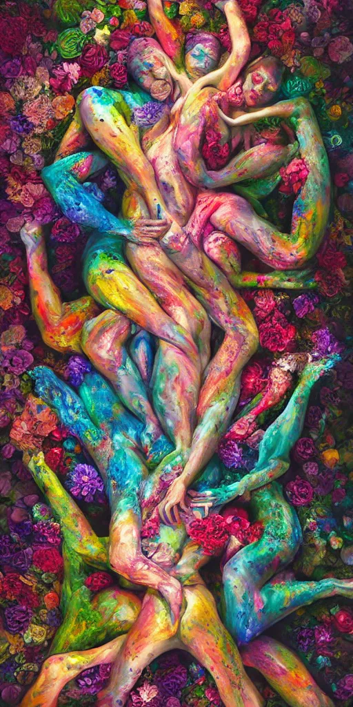 Prompt: a surrealist sculpture human bodies intertwined, a lovely cornucopia of flowers and human body parts, body parts, paint pour, swirling paint colors, highly detailed, octane render, cinematic