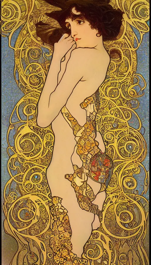 Prompt: a combination of the art styles of Alphonse Mucha and Gustav Klimt, gold leaf with pastel colors