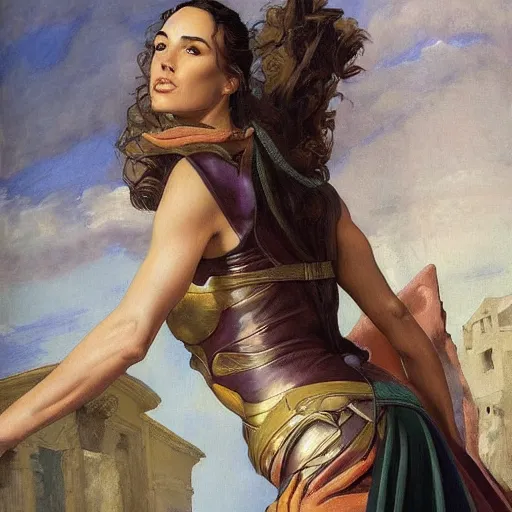 Image similar to Oil painting of the beautiful woman Gal Gadot, she is wearing some withe old cloths and a surreal ornate, her hair is natural disheveled, she has an ancient italian village as background, naturalism, dramatic lighting, high-detailed oil painting by Ilya Repin, Michelangelo da Caravaggio, William Blake, Alex Grey and Beksinski, trending on Artsatio, masterpiece, 4k, 8k,