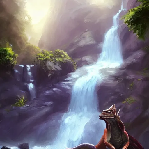 Image similar to beautiful photoshop commission of a slender dragon relaxing by a waterfall, digital painting, artstation, art by Jaime Jones