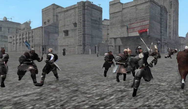 Prompt: The Seinfeld cast in a sci-fi mod for Mount and Blade Warband, 3rd person, gameplay screenshot