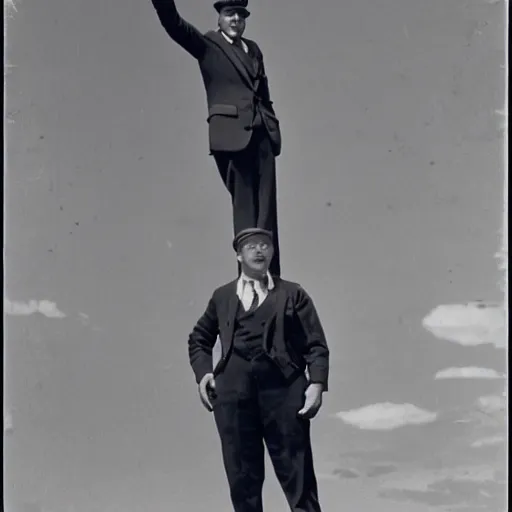 Prompt: vintage, black and white photograph of a man standing proudly next to a two - story - tall strawberry