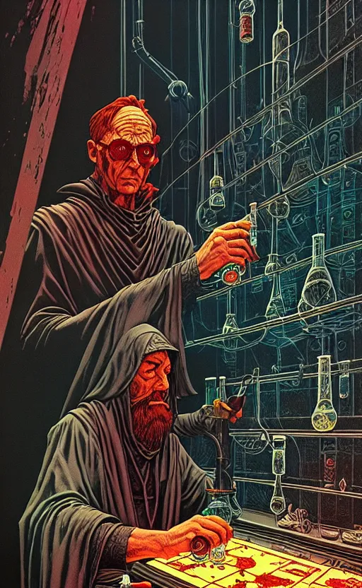 Image similar to ancient cloaked wizard mixing potions in his laboratory, high details, intricately detailed, by vincent di fate, inking, 3 color screen print, masterpiece, trending on artstation,, sharp, details, hyper - detailed, hd, 4 k, 8 k