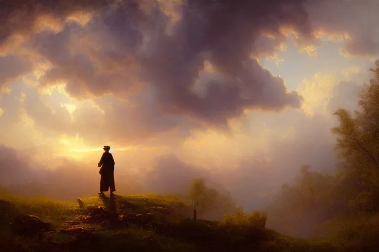 Prompt: a time traveler walking through a portal in the clouds, very detailed, oil painting, cinematic lighting, albert bierstadt, trending on artstation, colorful, canvas, sunset, hans dahl